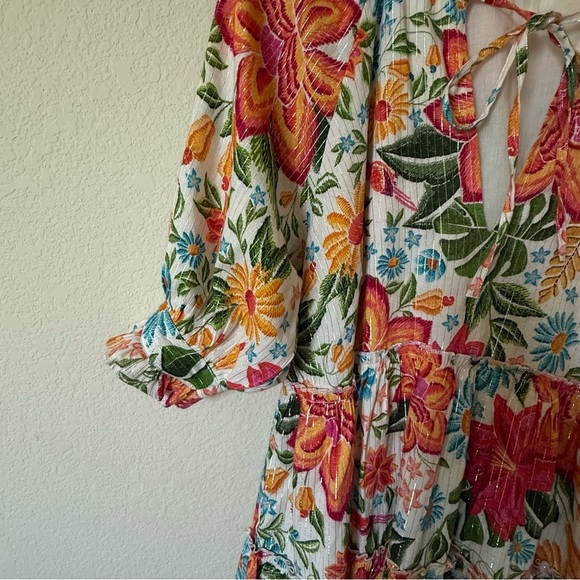 En Crème Floral Printed Puff Sleeve Tiered Mini Dress with Lurex Medium - Picture 11 of 15